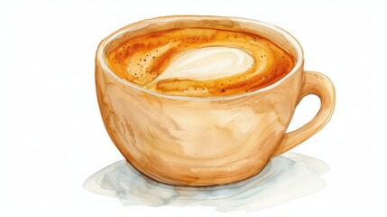 Watercolor vanilla latte, creamy beige, cup with foam art, isolated on white background