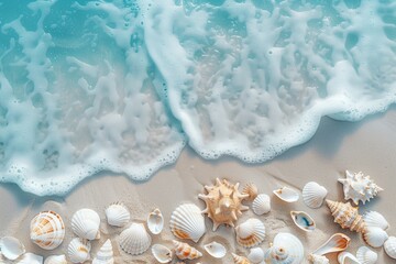 Beautiful beach with white sand, blue water, and sea shells on the shore. Summer vacation background banner with copy space for text.