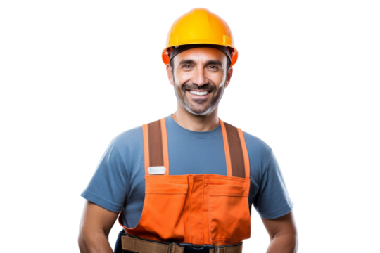 Male construction worker with safety helmet and tool belt smiling Isolated on white background