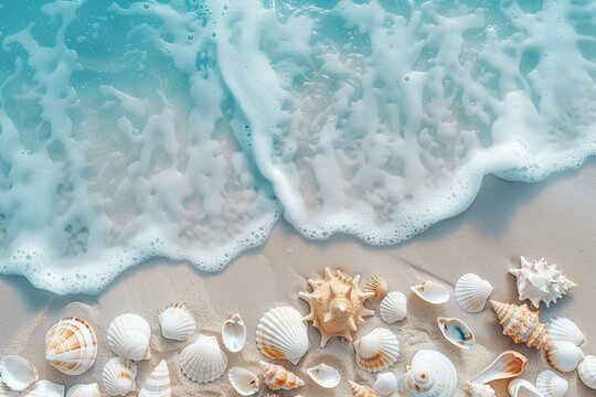 Beautiful beach with white sand, blue water, and sea shells on the shore. Summer vacation background banner with copy space for text.