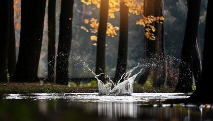 Splash of water in forest lake, autumn leaves reflecting on tranquil pond. October weather landscape