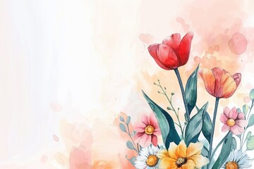 Obraz premium Soft watercolor botanical frame with tulips and daisies in a harmonious blend of colors with lush greenery