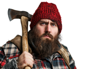 Lumberjack wearing plaid shirt and beanie isolated on white background