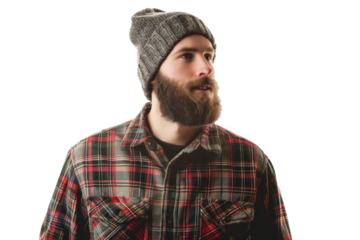 Lumberjack wearing plaid shirt and beanie isolated on white background