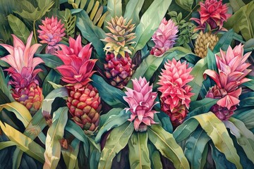 Obraz premium Vibrant pink pineapples nestled in lush green foliage, showcasing a tropical paradise with beautiful, colorful exotic fruits.