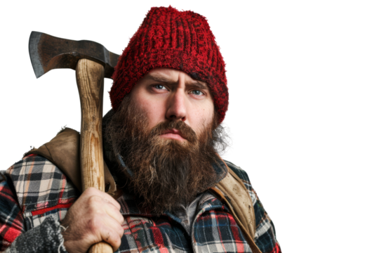 Lumberjack wearing plaid shirt and beanie isolated on white background