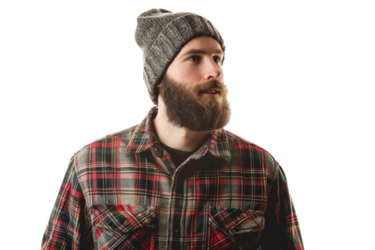 Lumberjack wearing plaid shirt and beanie isolated on white background