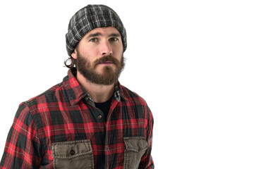 Obraz premium Lumberjack wearing plaid shirt and beanie isolated on white background