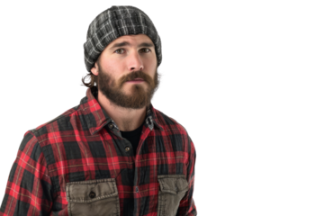 Lumberjack wearing plaid shirt and beanie isolated on white background