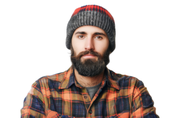 Lumberjack wearing plaid shirt and beanie isolated on white background