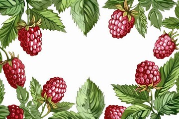 Watercolor frame of mixed berries and green leaves with a central area for writing