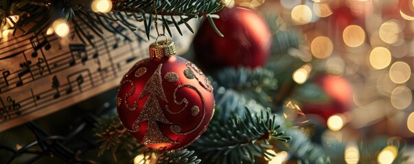 Christmas tree with musicthemed ornaments, sheet music background, harmonious holiday celebration
