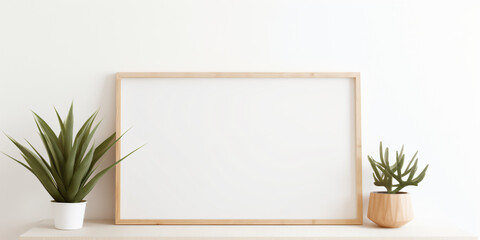 Horizontal empty photo frame mockup in minimalist design on white background with plants. Scandinavian light interior and vases. Template for pictures and photography