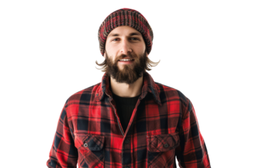 Lumberjack wearing plaid shirt and beanie isolated on white background