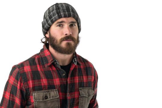 Lumberjack wearing plaid shirt and beanie isolated on white background