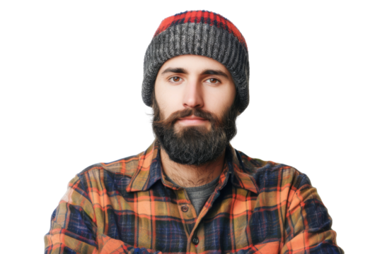 Lumberjack wearing plaid shirt and beanie isolated on white background - Powered by Adobe