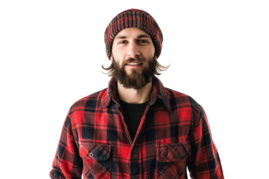 Lumberjack wearing plaid shirt and beanie isolated on white background
