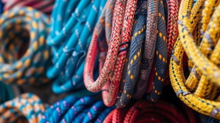 Colorful Climbing Ropes Coiled Neatly - Outdoor Adventure Gear for Safety and Fun