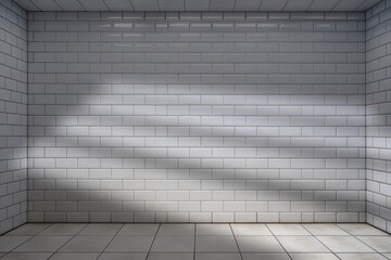Fototapeta premium Empty white tile wall with shadow and rays of light, background for product presentation, architecture and modern design. copy space