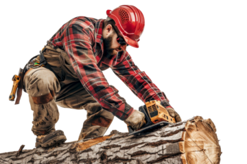 Lumberjack in protective gear isolated on white background