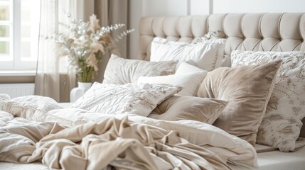 Luxury bedroom with beige and white velvet and cotton tufted bedding, pillows on bed