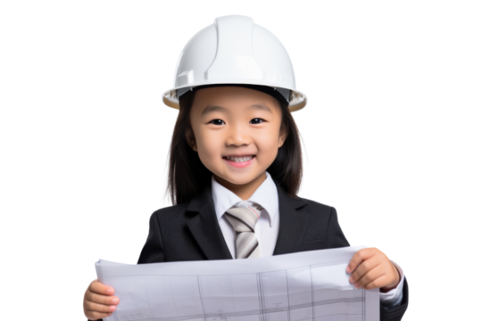 Little Asian girl engineer wearing helmet holding blueprint Isolated on white background
