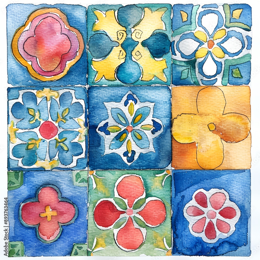 Poster a colorful tile pattern with a blue flower in the middle. the tiles are arranged in a grid, with som