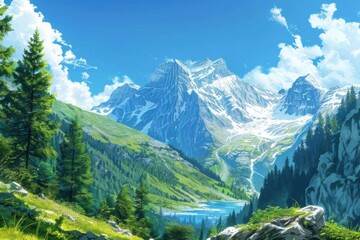 Obraz premium A breathtaking view of a picturesque valley surrounded by majestic snow-capped mountains and lush green pine trees on a sunny day.