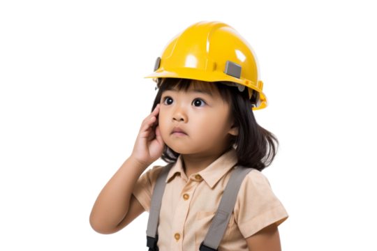 Little Asian girl engineer adjusting helmet Isolated on white background