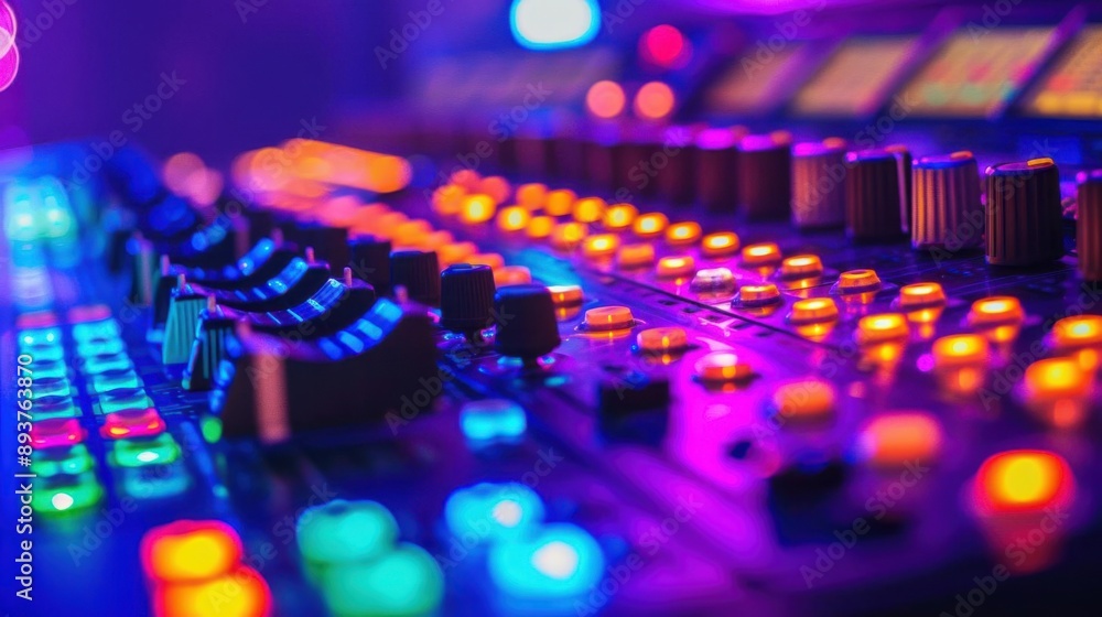 Poster close-up of a colorful audio mixing console with vibrant lights in a dark studio. perfect for music,