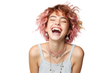 Joyful Gen Z girl with vibrant hair color and party mood Isolated on white background