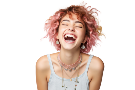 Joyful Gen Z girl with vibrant hair color and party mood Isolated on white background