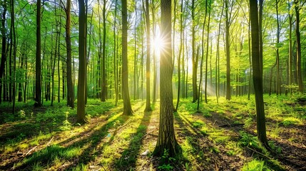 Fototapeta premium Sunlight Filtering Through a Lush Green Forest in Spring