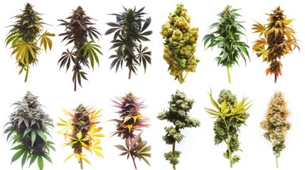 A vibrant collection of cannabis plant strains showcasing varied colors and bud structures, highlighting the diversity in appearance among different types