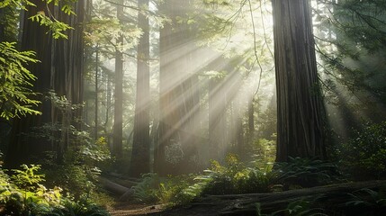 Obraz premium Sunlight Streaks Through Tall Redwood Trees in a Misty Forest