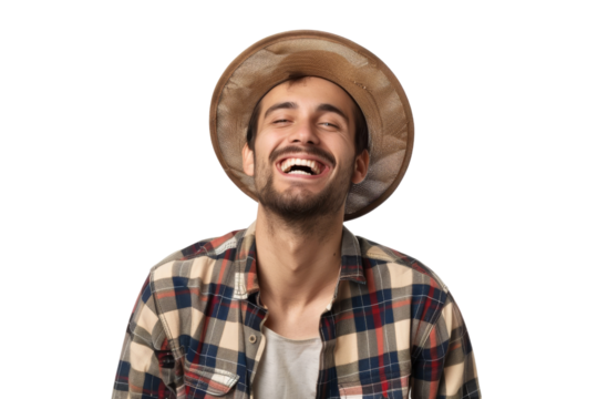 Joyful young farmer wearing hat and plaid shirt Isolated on white background