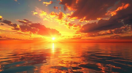 Fototapeta premium Magnificent sunset over calm ocean waters, with vibrant orange and yellow hues reflecting off the serene sea surface.