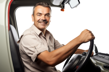 Laughing truck driver wearing a cap Isolated on white background