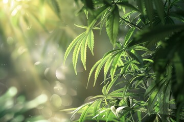 A close-up view of lush green cannabis leaves illuminated by soft sunlight, creating a serene and tranquil atmosphere in a natural setting