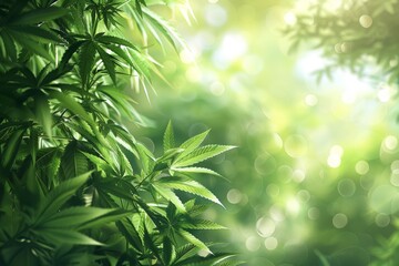 Lush green foliage with marijuana leaves, softly illuminated by warm sunlight, creating a serene and tranquil atmosphere with a bokeh effect in the background