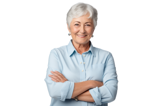 Joyful senior woman with folded hands Isolated on white background