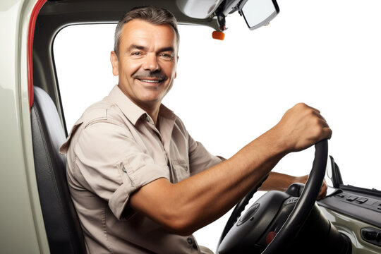 Laughing truck driver wearing a cap Isolated on white background