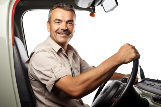 Laughing truck driver wearing a cap Isolated on white background