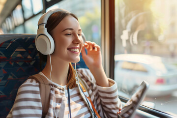 Smiling Woman Listening to Music on a Bus During the Day