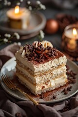 Delicious tiramisu dessert with cocoa and coffee beans in a cozy setting with candles.