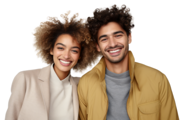 Joyful multiethnic couple in contemporary fashion Isolated on white background