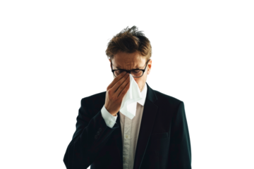 Ill businessman wiping nose with tissue in office attire isolated on white background