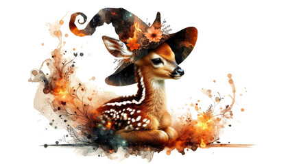 Magical Fawn in a Witch Hat - A charming fawn wearing a whimsical witch hat surrounded by vibrant flames, autumn leaves, and magical elements to symbolize enchantment and nature.