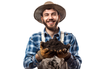 Happy young farmer wearing hat and gloves with soil on hands Isolated on white background