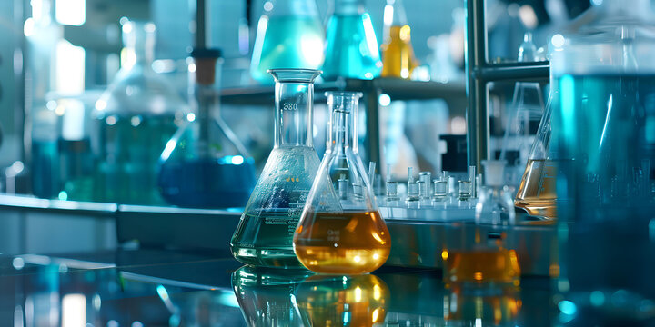 Well-equipped chemical, medical, pharmaceutical or educational research laboratory. Modern instruments, a powerful microscope, flasks, test tubes and burettes with multi-colored substances.